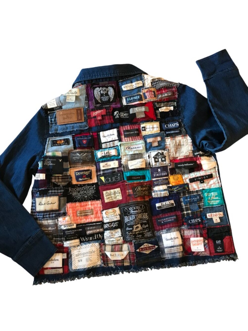 Upcycled Labels Jean Jacket Cropped Shirt Coat, Sewn-On Clothing Labels Sz S - M - Picture 3 of 16